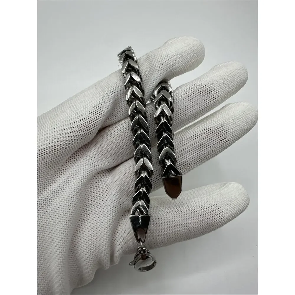 Stainless Steel Fishbone Link Bracelet Silver Tone Men’s 9” Heavy Chain